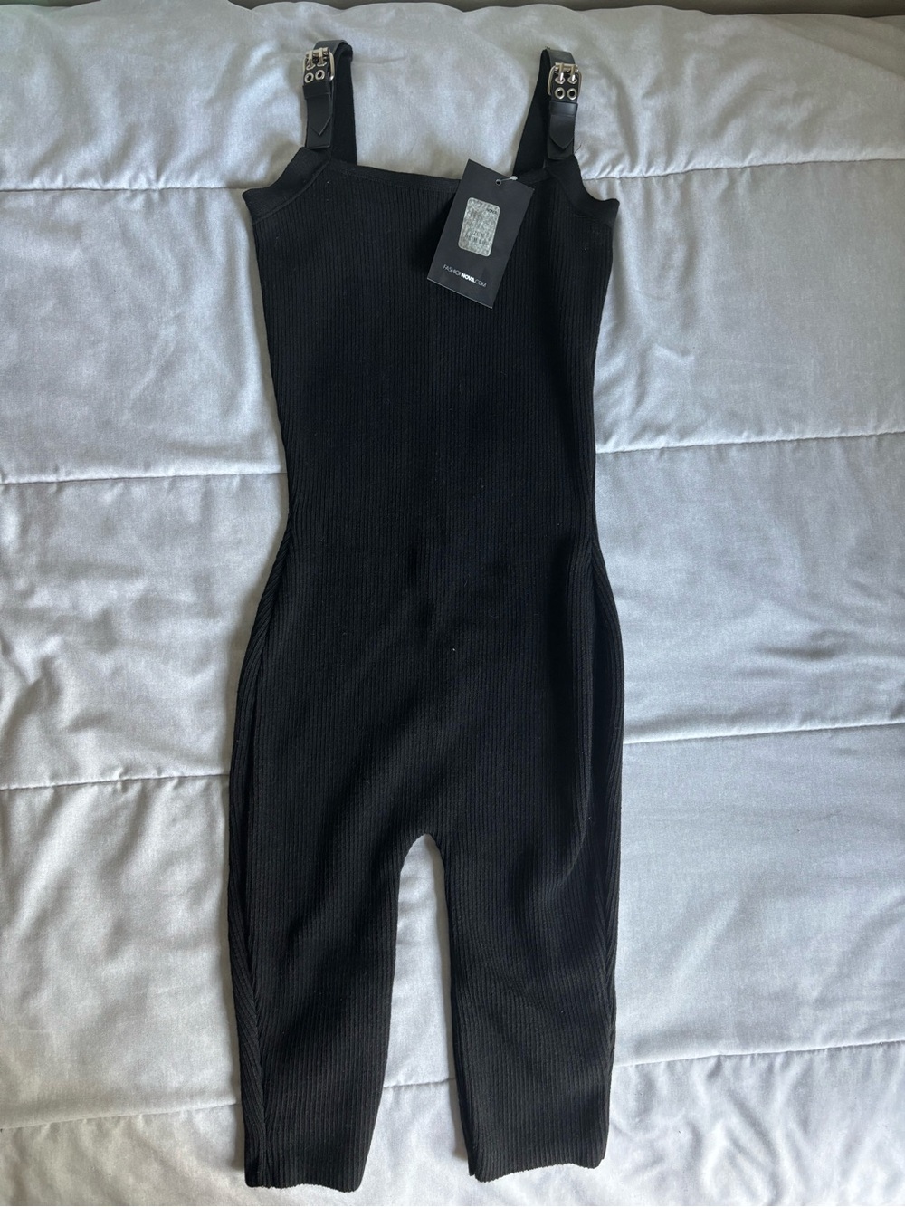 Fashion Nova Black Ribbed Strap Buckle Jumpsuit